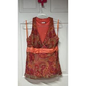 VTG Y2K Page Paisley Top V-neck Plunge Pink Orange Boho Festival Blouse READ SZ